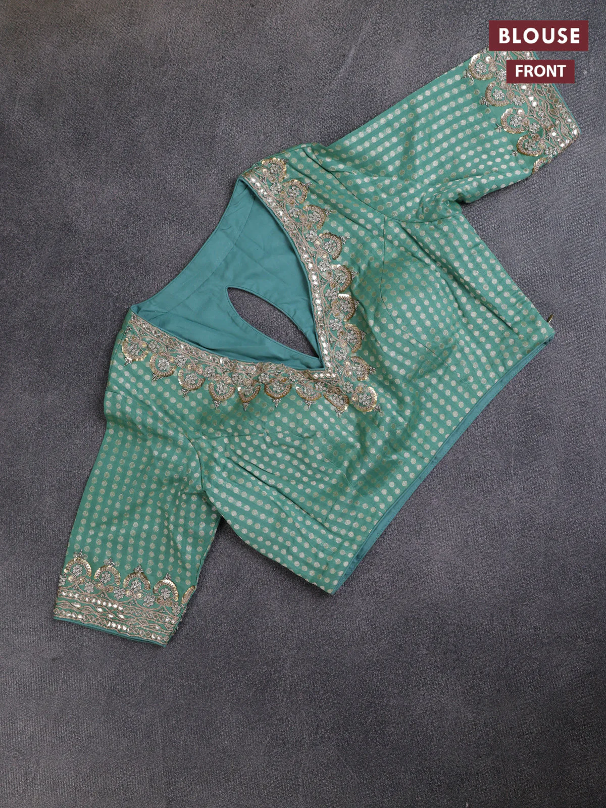 Munga tussar silk saree pastel green with silver & gold floral buttas and gotapatti work pallu - Image 3