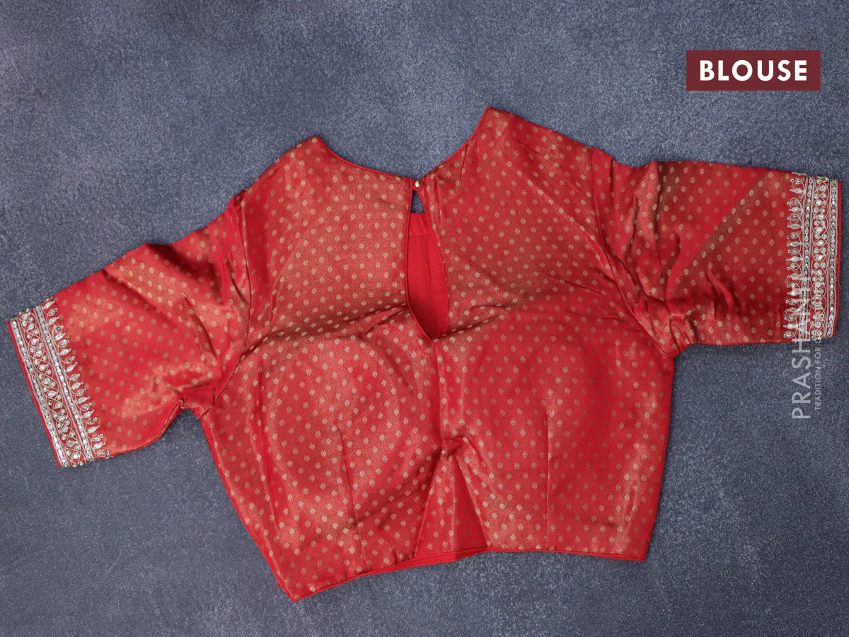 Munga tussar silk saree red with allover zari woven brocade weaves and lace work border with readymade embroidery work blouse - Image 6