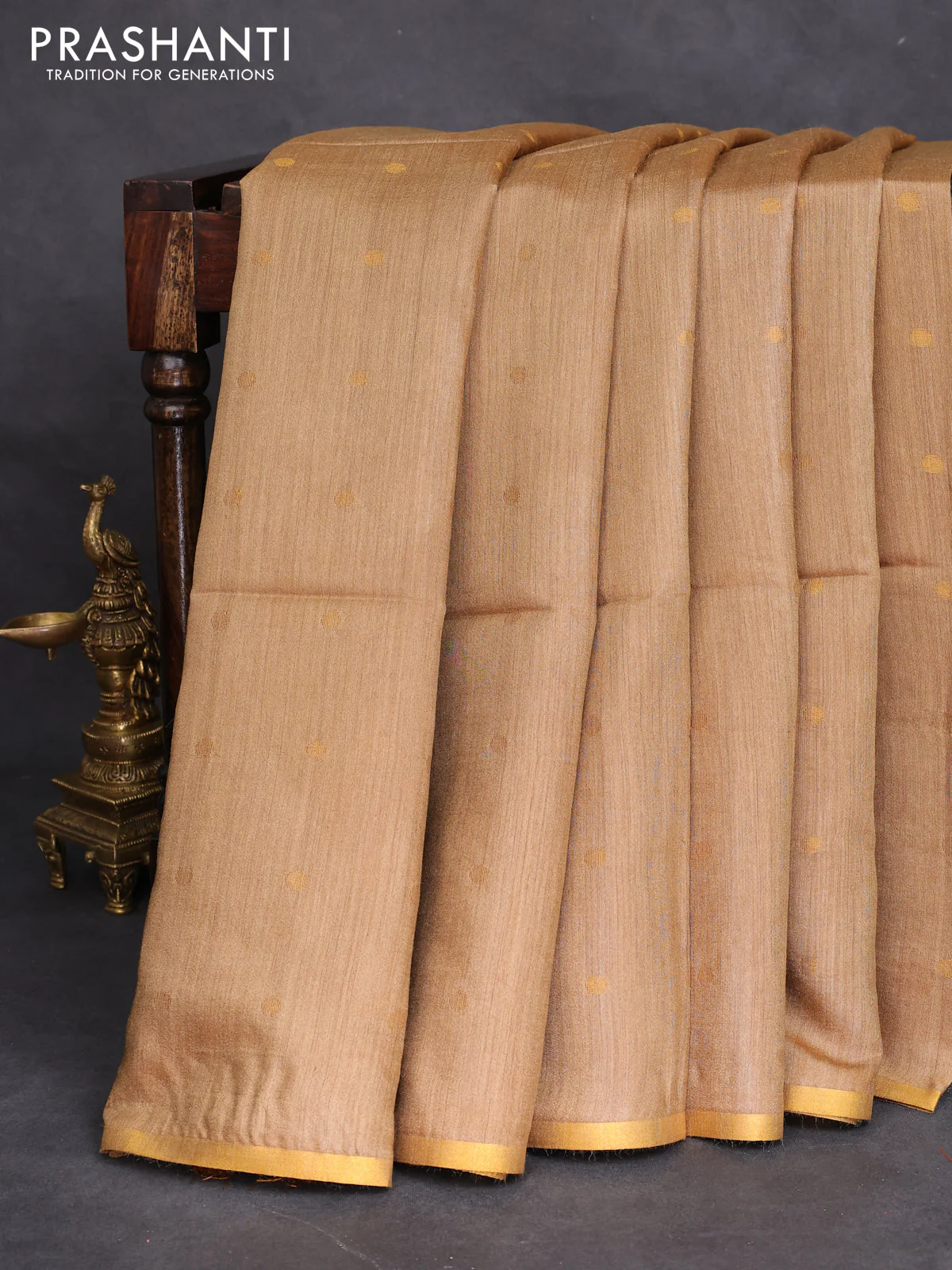 Munga tussar silk saree sandal with allover zari woven buttas and zari woven border - Image 2
