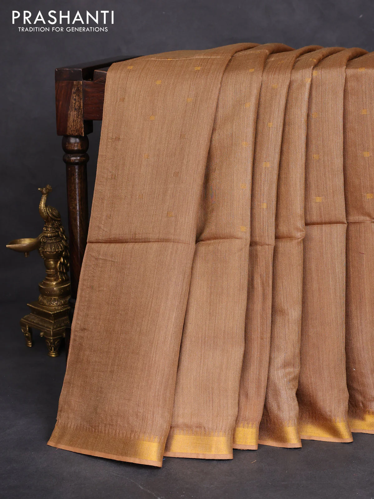 Munga tussar silk saree sandal with allover zari woven buttas and zari woven border - Image 2