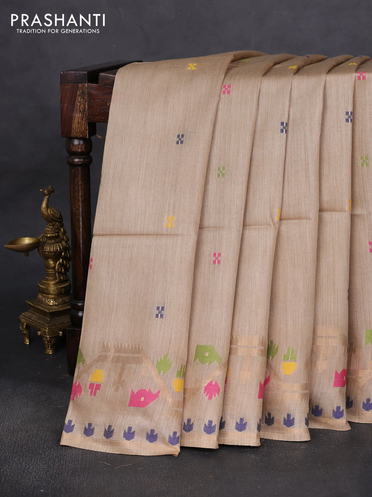 Munga tussar silk saree sandal with thread woven buttas and woven border