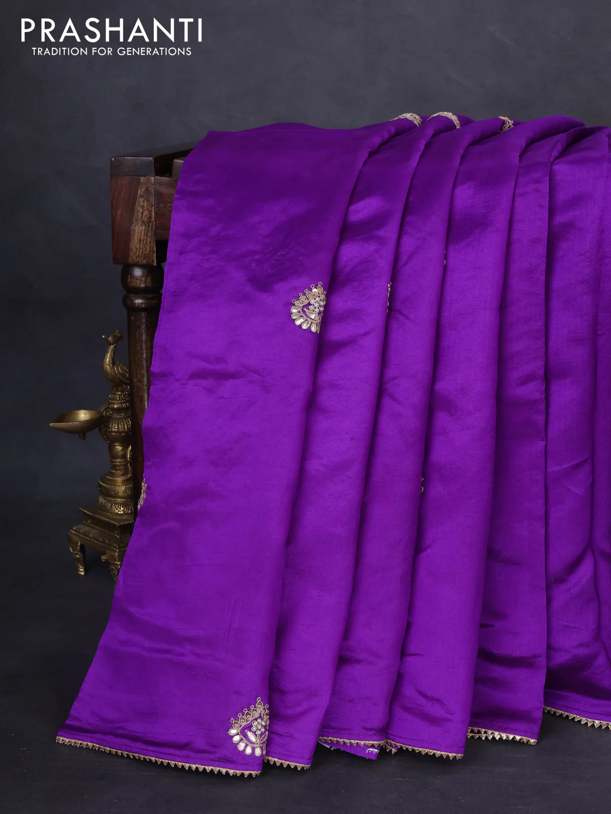 Munga tussar Silk saree violet with gotapatti work buttas and lace work border - Image 2