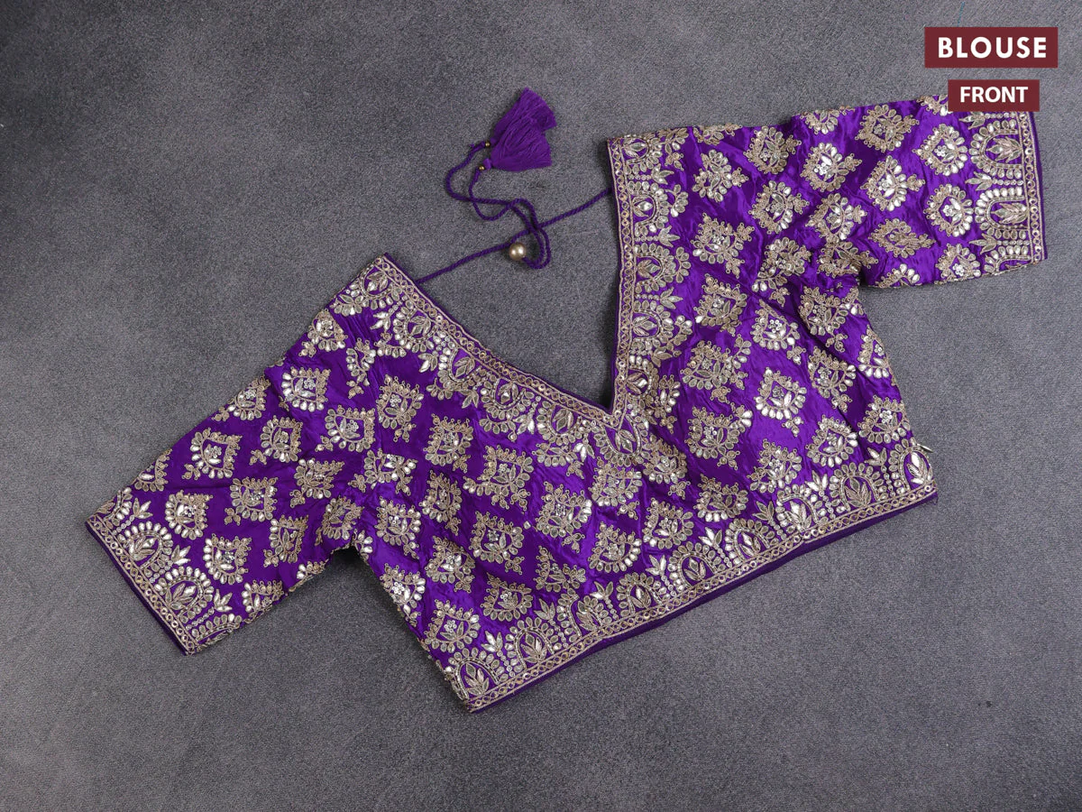 Munga tussar Silk saree violet with gotapatti work buttas and lace work border - Image 3