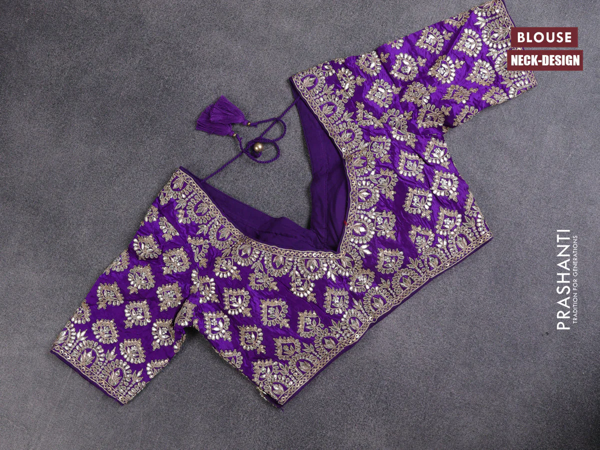 Munga tussar Silk saree violet with gotapatti work buttas and lace work border - Image 4