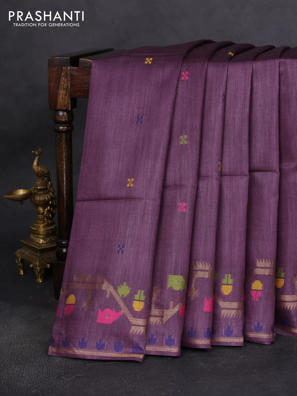 Munga tussar silk saree wine shade with thread woven buttas and woven border