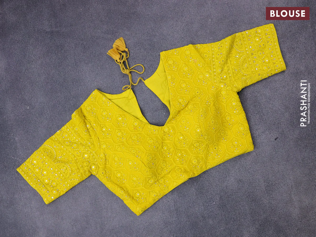 Munga tussar silk saree yellow with allover banarasi zari weaves and gottapatti lace work border and readymade chikankari work blouse - Image 7