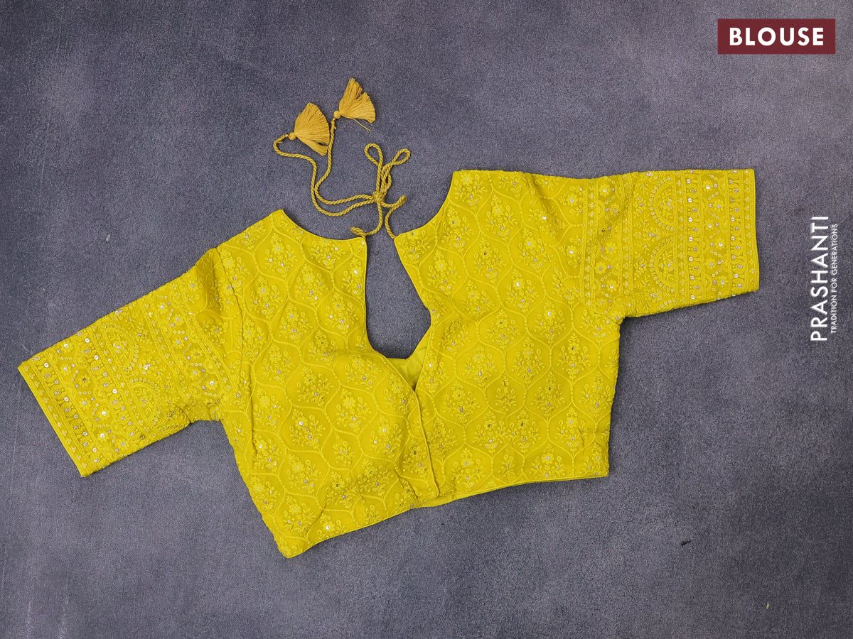 Munga tussar silk saree yellow with allover banarasi zari weaves and gottapatti lace work border and readymade chikankari work blouse - Image 8
