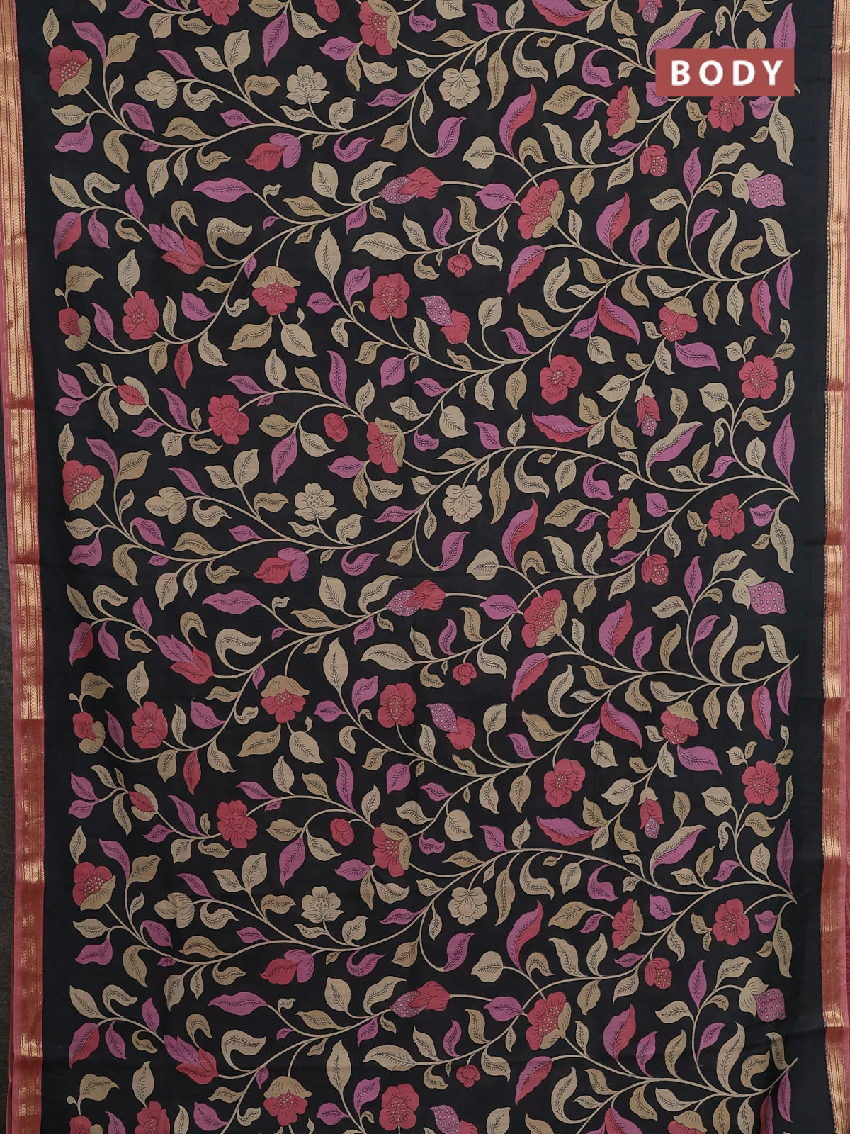 Muslin silk saree black and dark peach with allover floral prints and zari woven border - Image 2