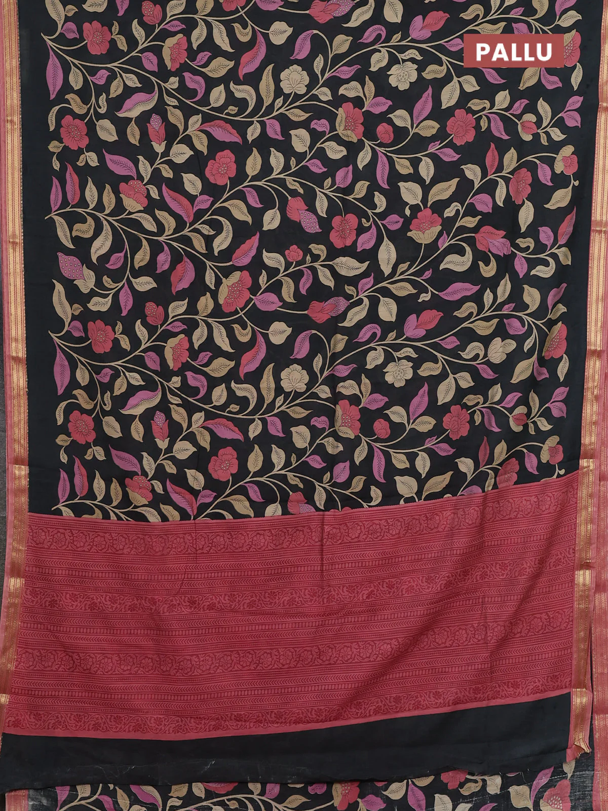 Muslin silk saree black and dark peach with allover floral prints and zari woven border - Image 3