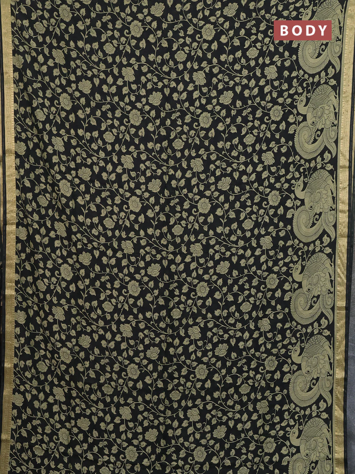 Muslin silk saree black and elaichi green with allover kalamkari prints and zari woven border - Image 2