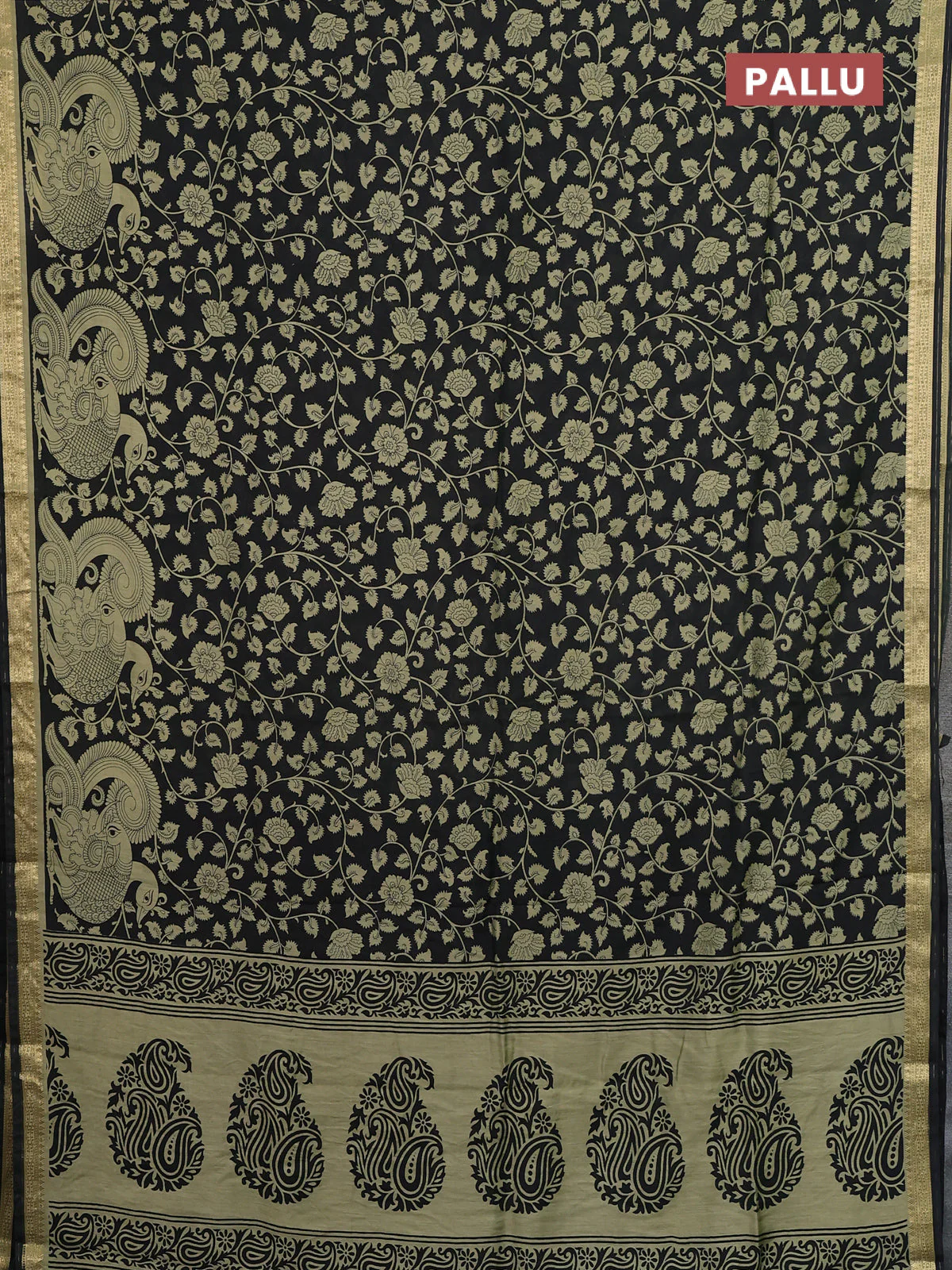 Muslin silk saree black and elaichi green with allover kalamkari prints and zari woven border - Image 3