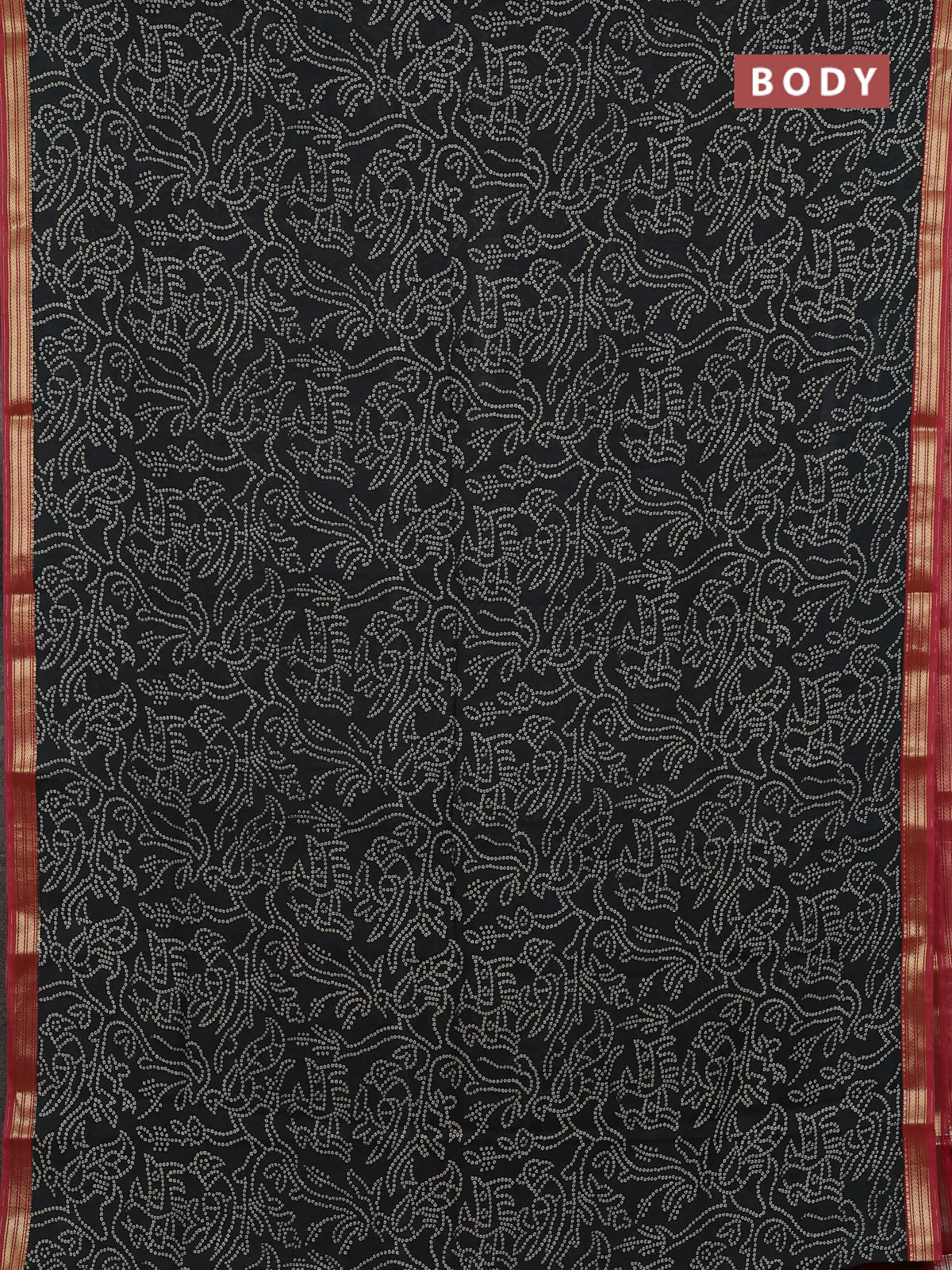 Muslin silk saree black and maroon with allover bandhani prints and zari woven border - Image 2