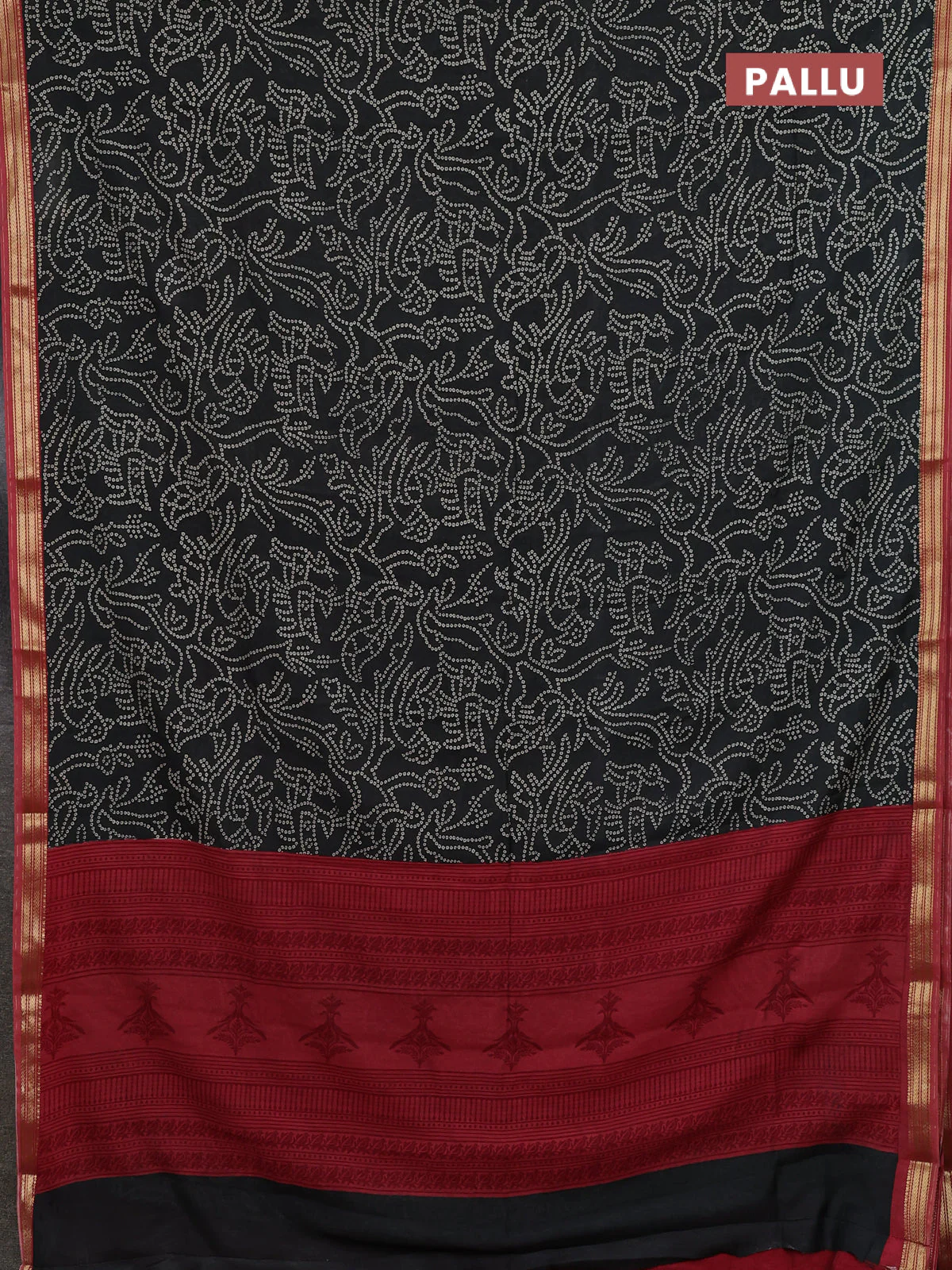 Muslin silk saree black and maroon with allover bandhani prints and zari woven border - Image 3