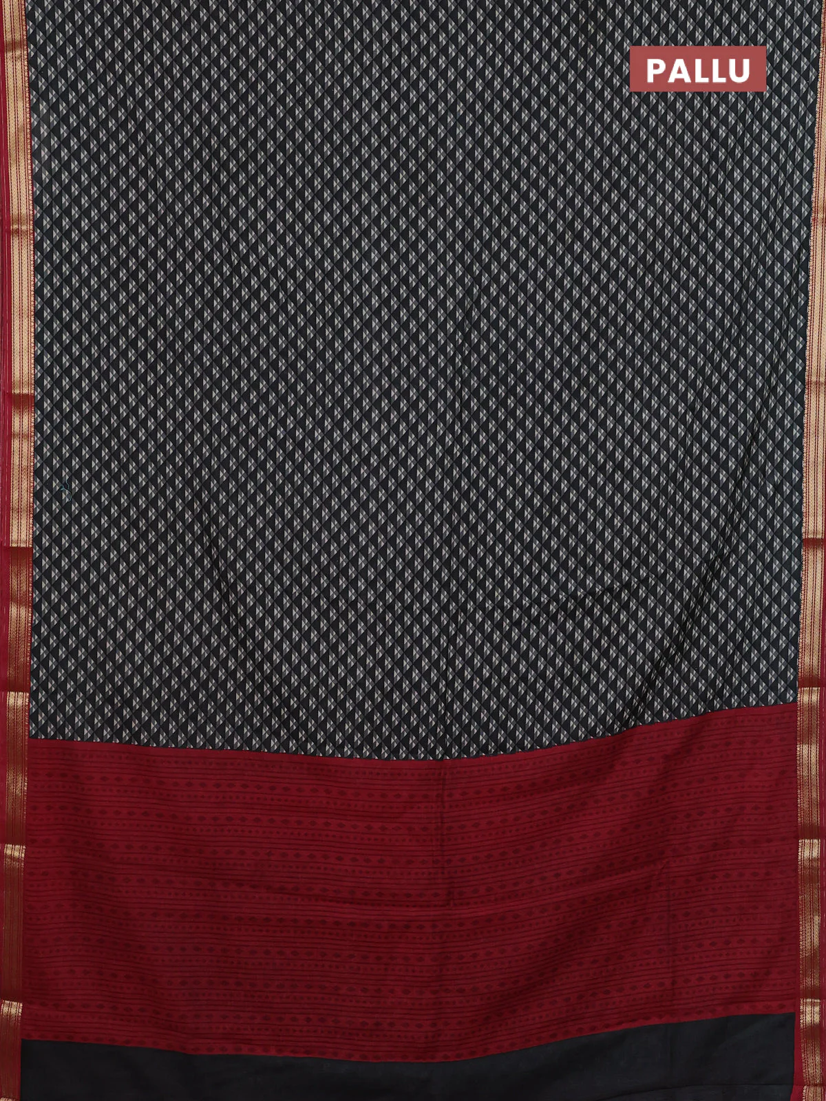 Muslin silk saree black and maroon with allover geometric prints and zari woven border - Image 3