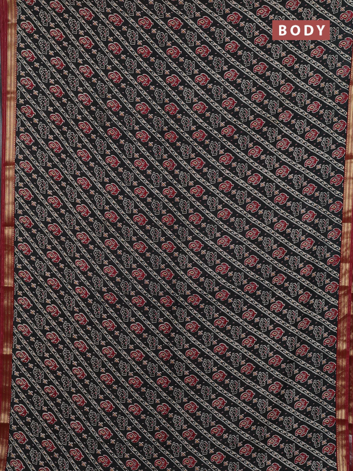 Muslin silk saree black and maroon with allover ikat prints and zari woven border - Image 2