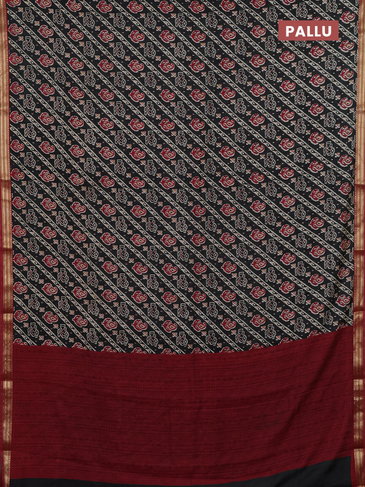 Muslin silk saree black and maroon with allover ikat prints and zari woven border - Image 3