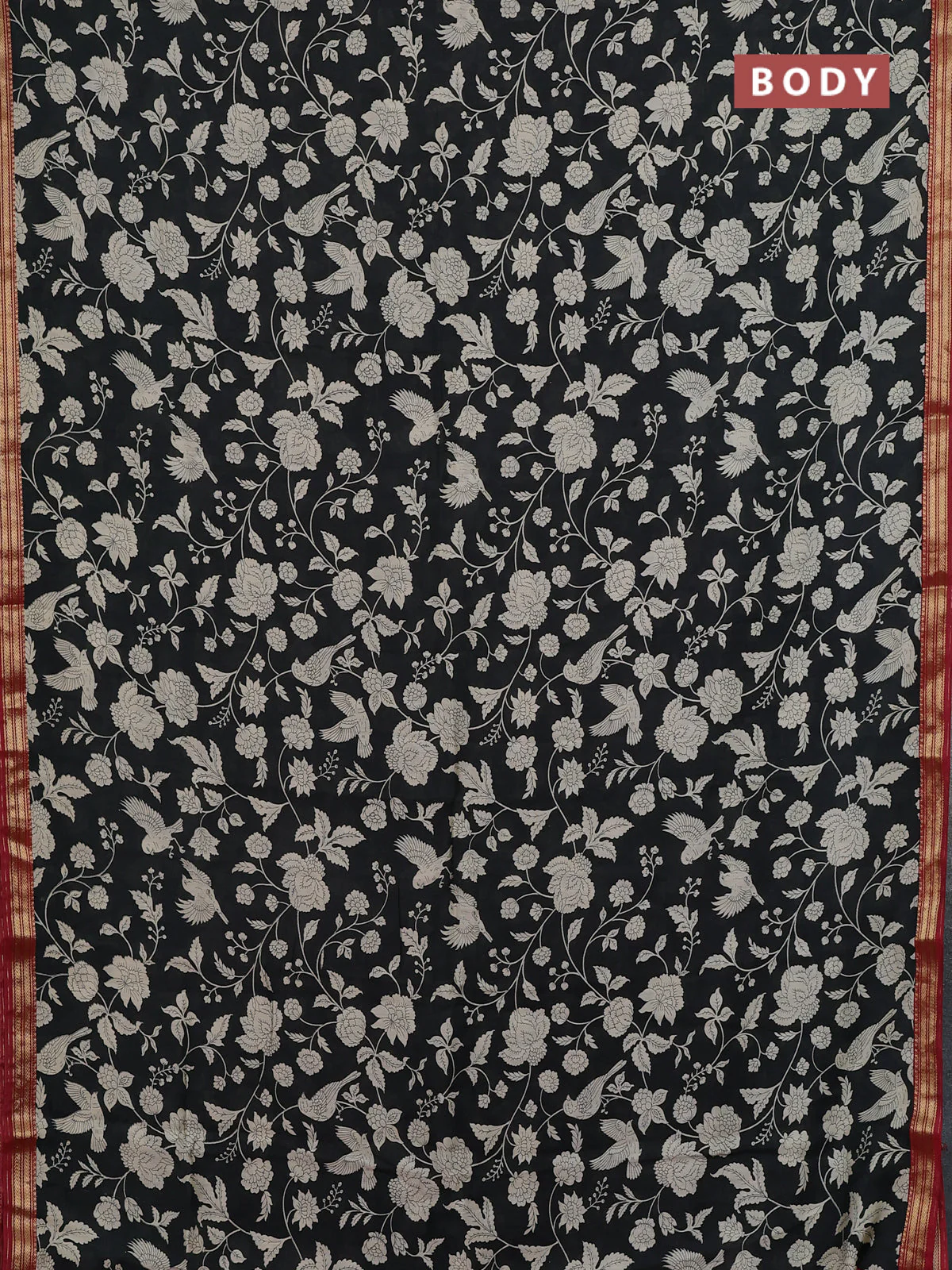 Muslin silk saree black and maroon with allover prints and zari woven border - Image 2