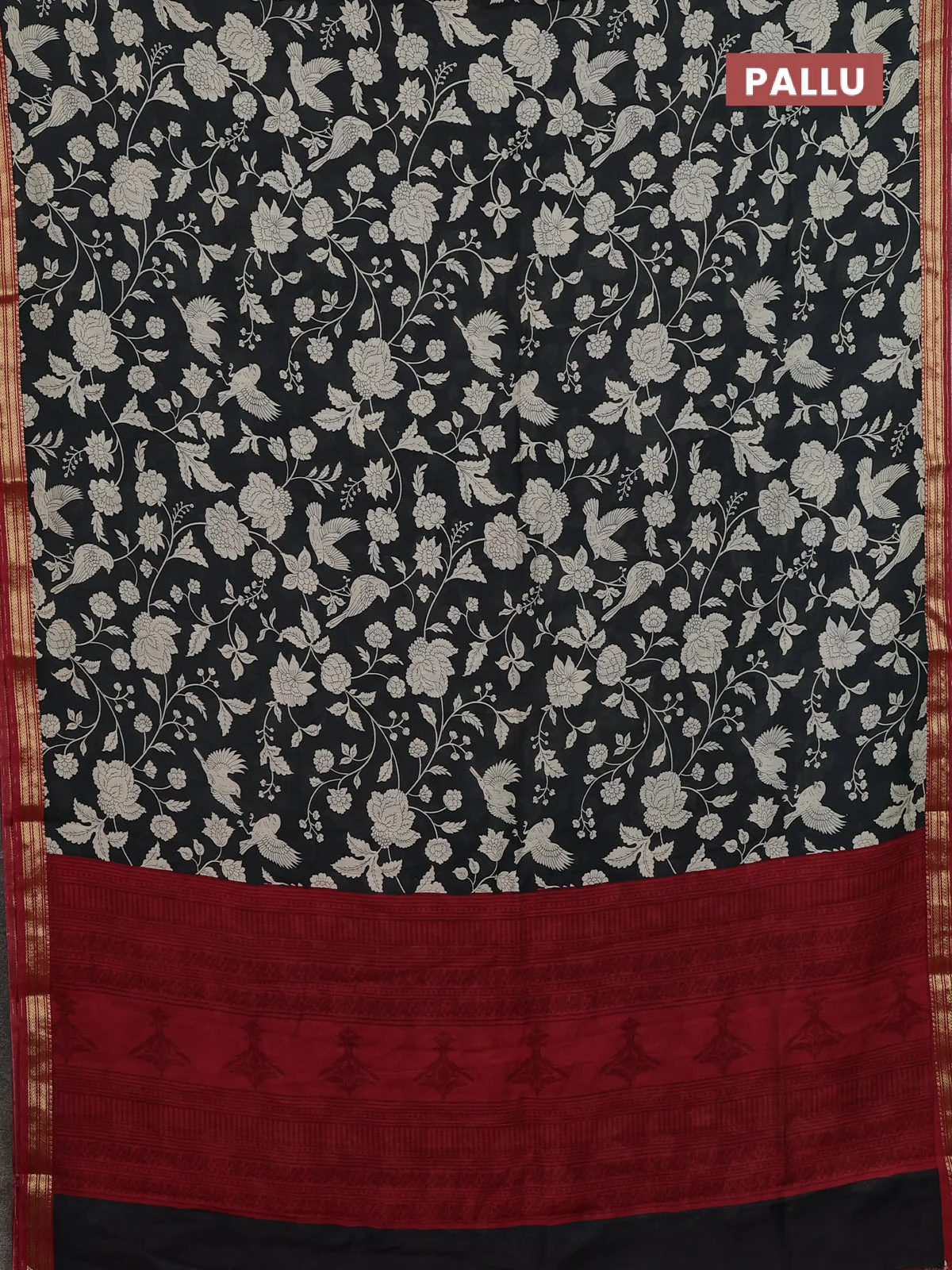 Muslin silk saree black and maroon with allover prints and zari woven border - Image 3