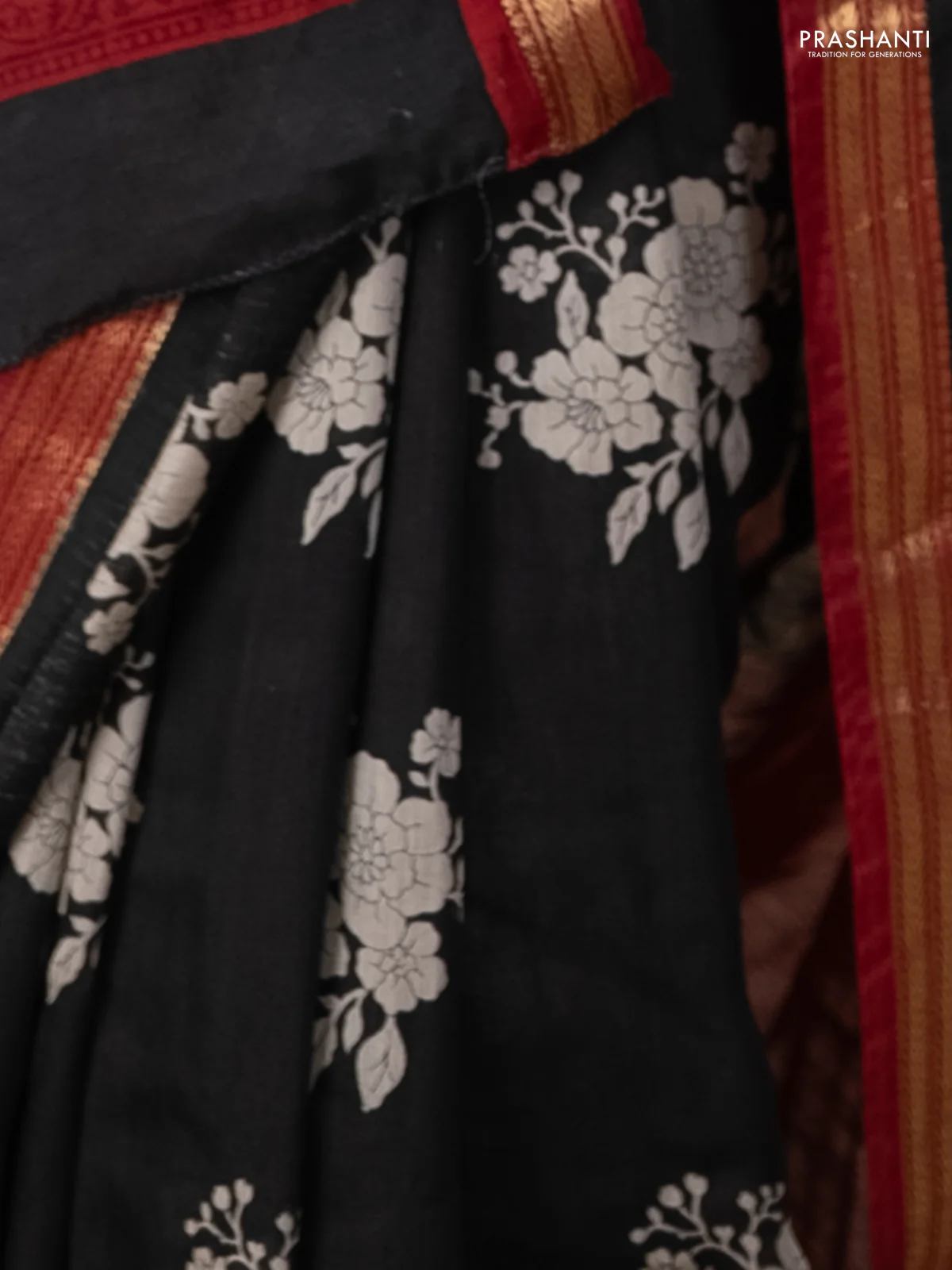 Muslin silk saree black and maroon with floral butta prints and zari woven border - Image 3