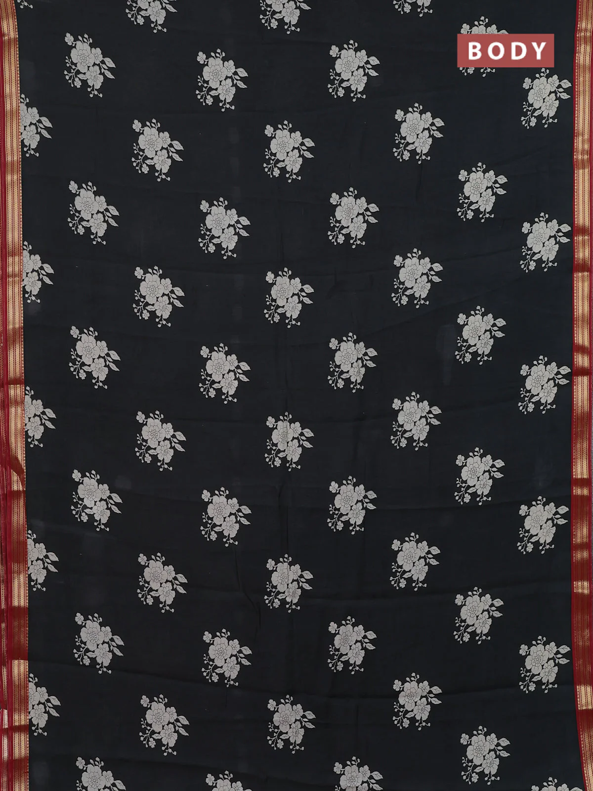 Muslin silk saree black and maroon with floral butta prints and zari woven border - Image 5