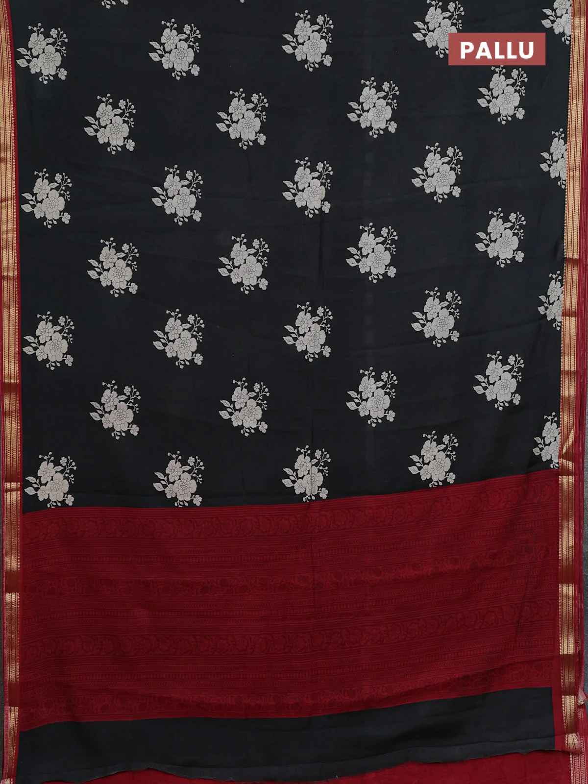 Muslin silk saree black and maroon with floral butta prints and zari woven border - Image 6