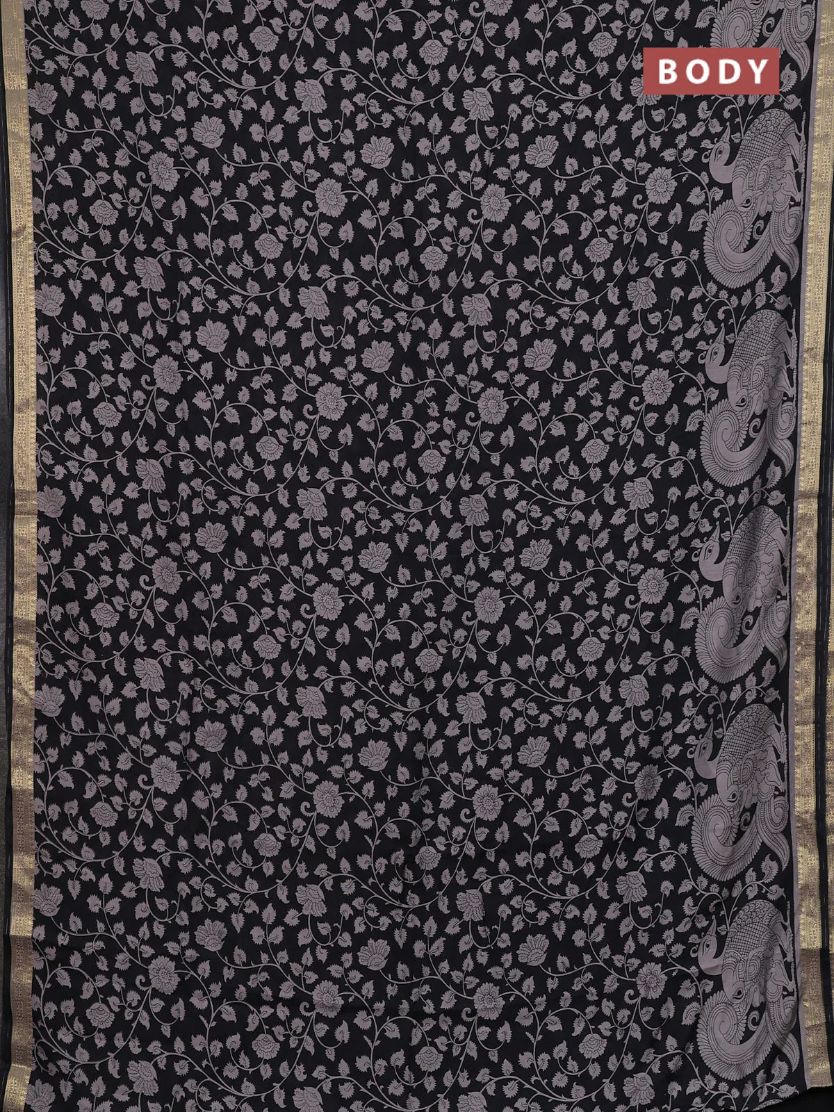 Muslin silk saree black and pastel brown with allover kalamkari prints and zari woven border - Image 2