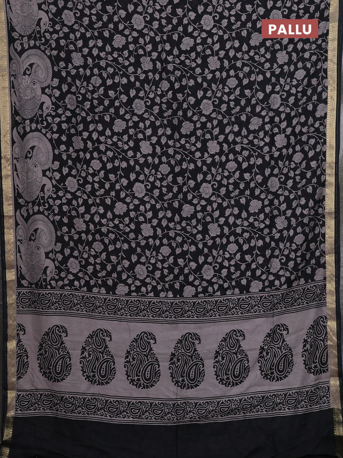 Muslin silk saree black and pastel brown with allover kalamkari prints and zari woven border - Image 3