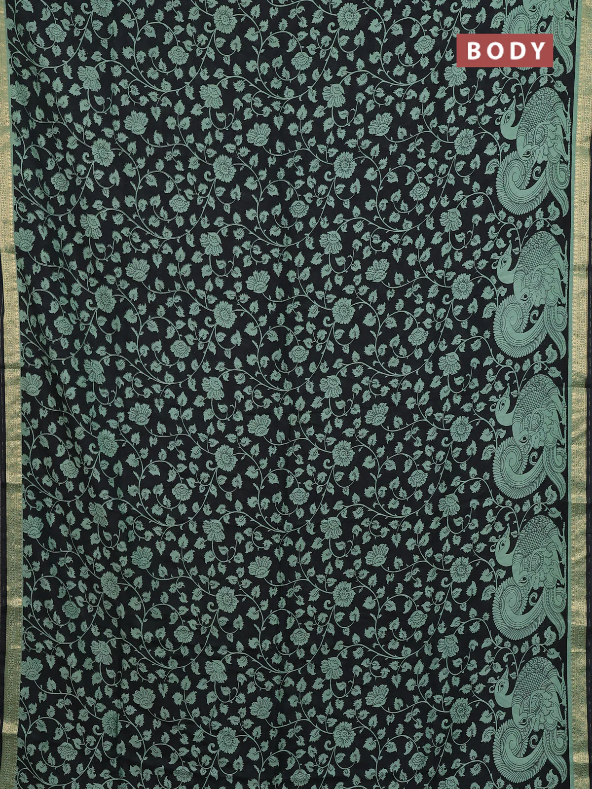 Muslin silk saree black and pastel green with allover kalamkari prints and zari woven border - Image 2