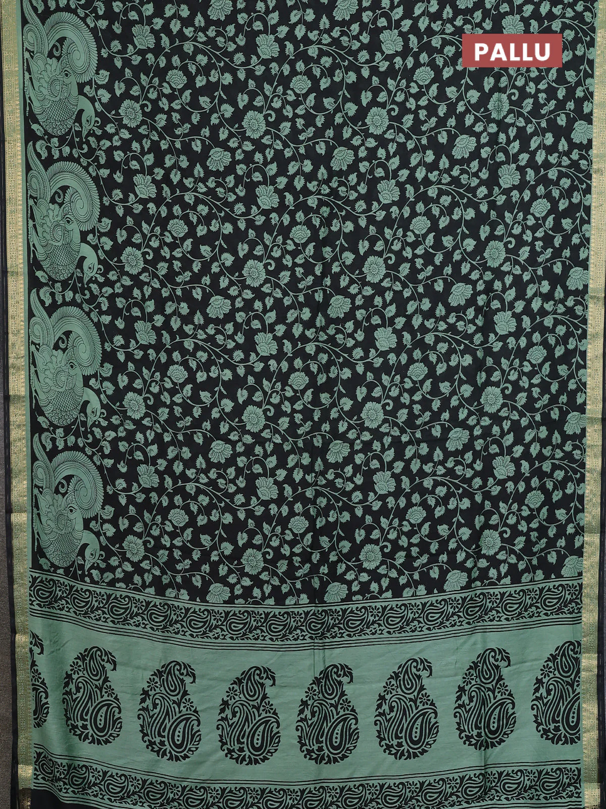 Muslin silk saree black and pastel green with allover kalamkari prints and zari woven border - Image 3