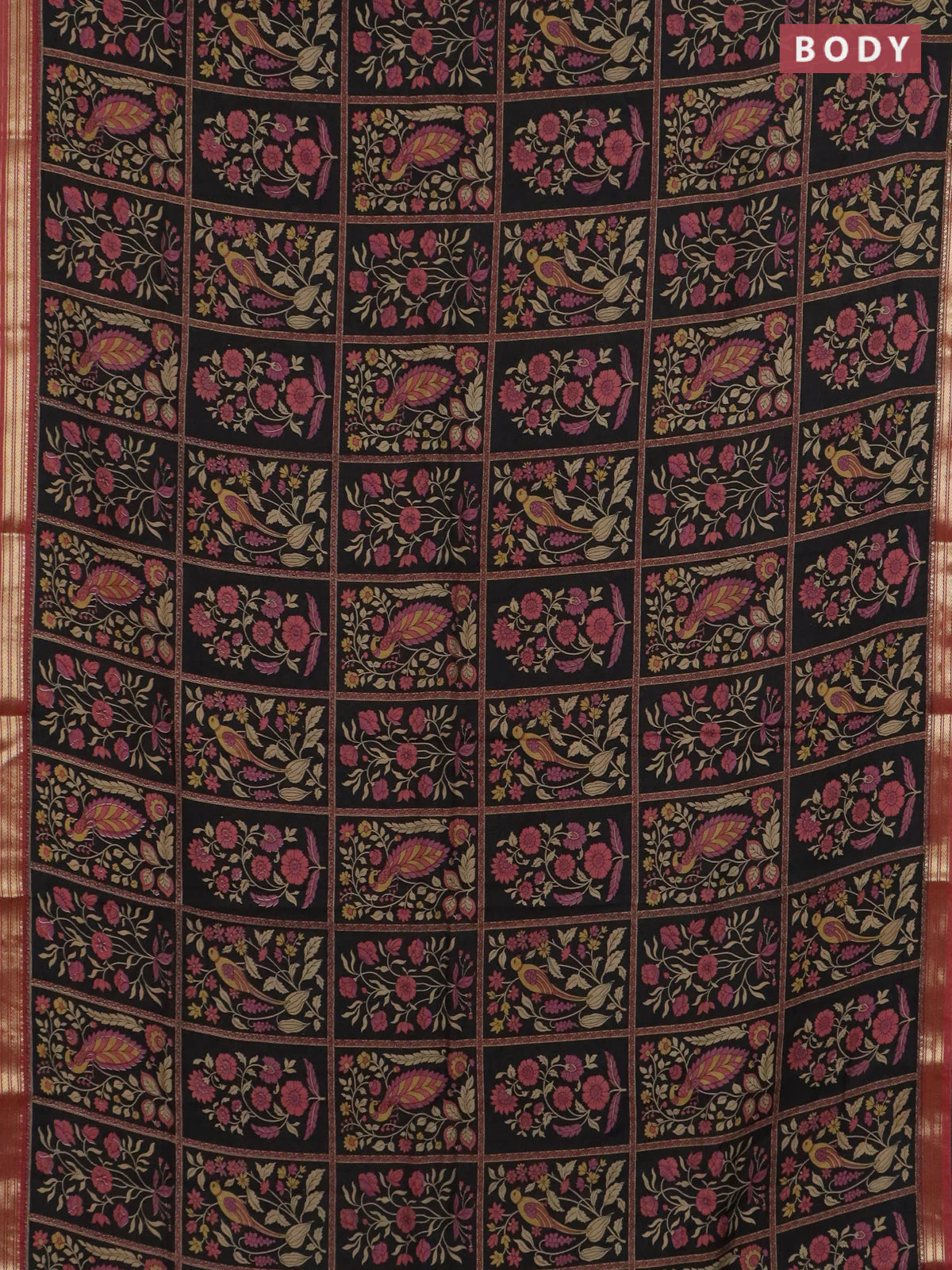 Muslin silk saree black and pastel maroon with allover prints and zari woven border - Image 2