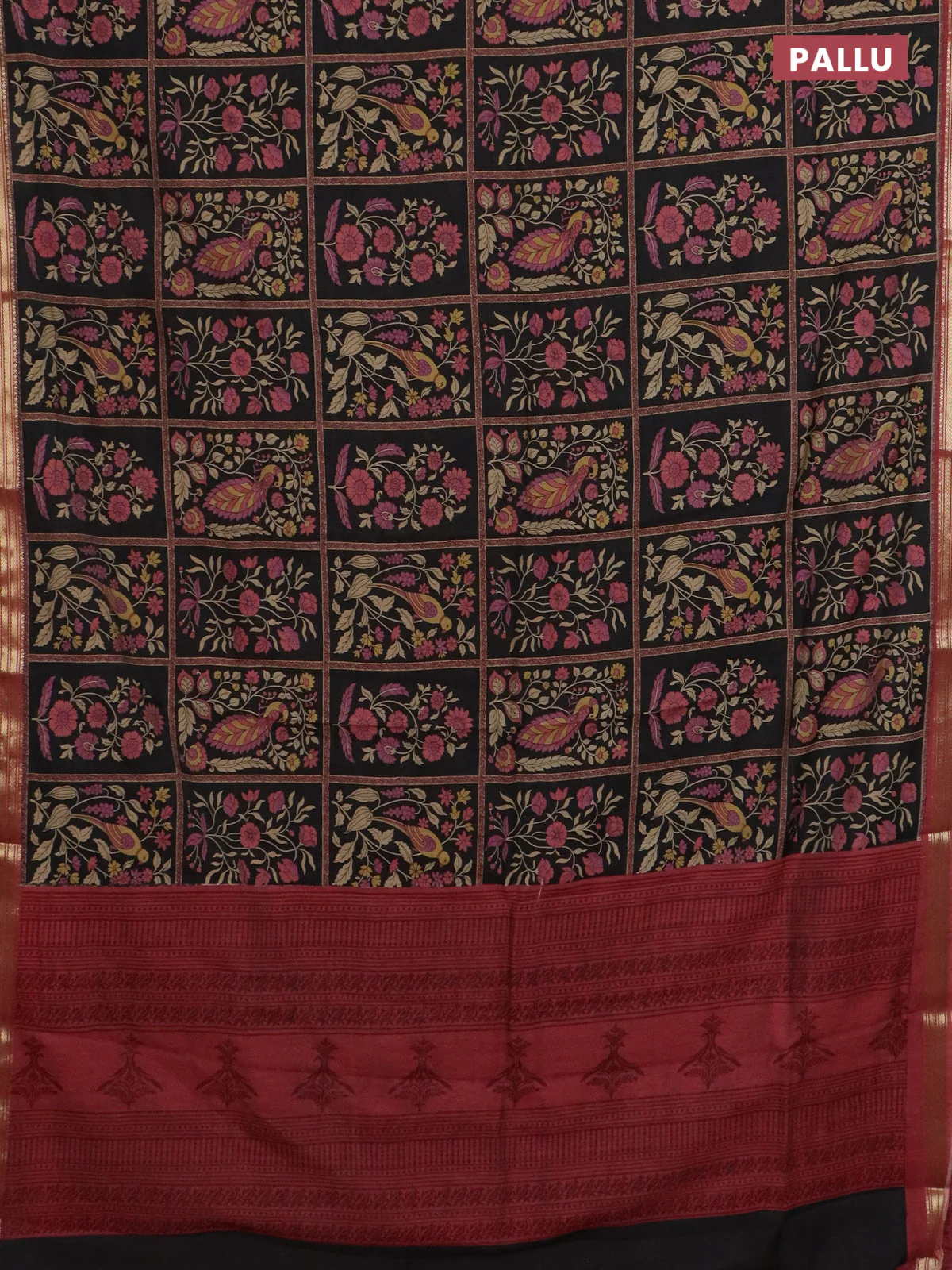 Muslin silk saree black and pastel maroon with allover prints and zari woven border - Image 3