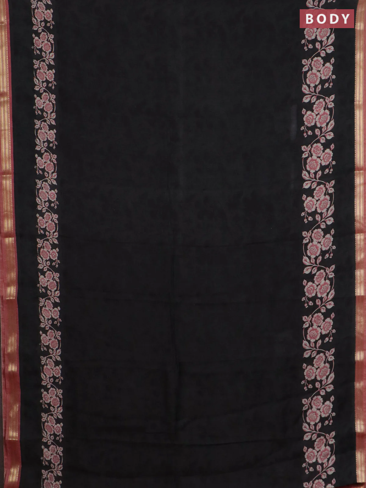 Muslin silk saree black and peach shade with allover floral prints and zari woven border - Image 2