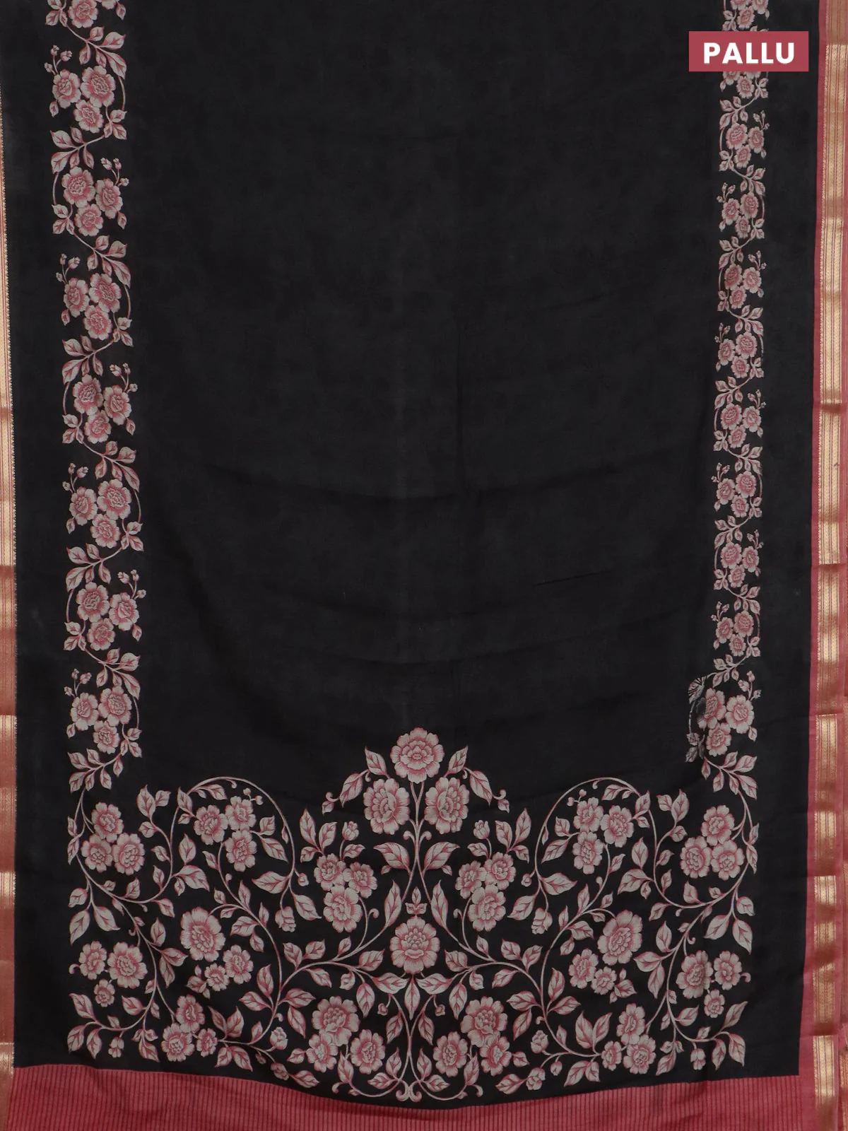 Muslin silk saree black and peach shade with allover floral prints and zari woven border - Image 3