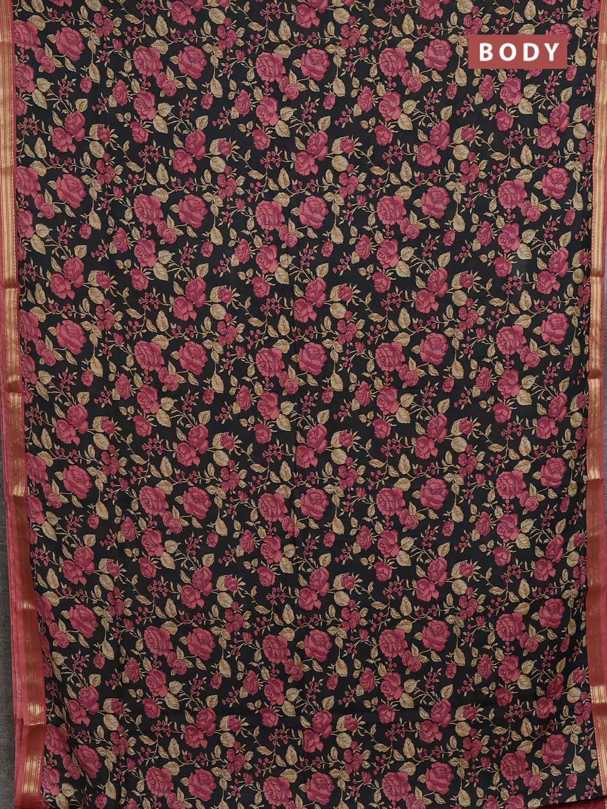 Muslin silk saree black and peach shade with allover floral prints and zari woven border - Image 2