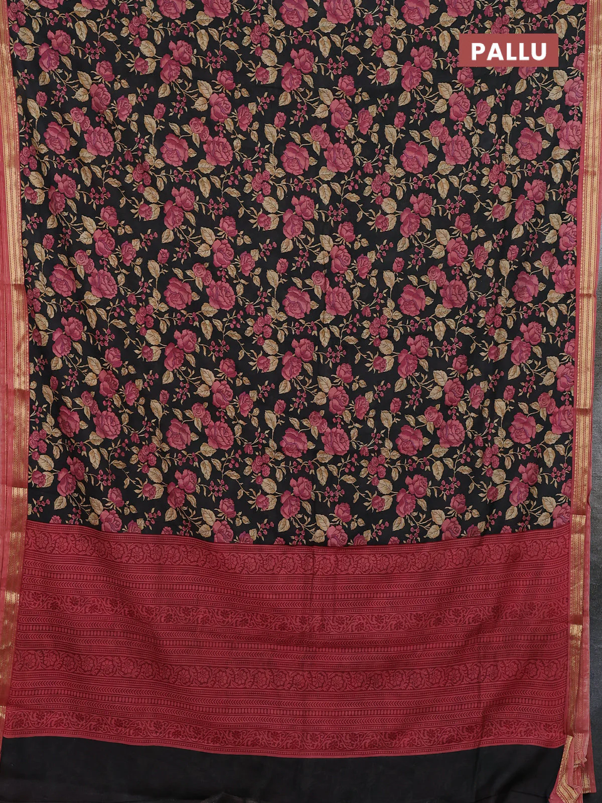 Muslin silk saree black and peach shade with allover floral prints and zari woven border - Image 3