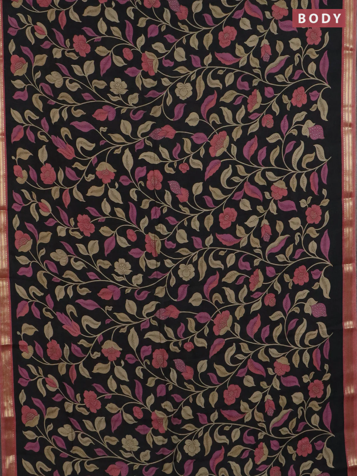 Muslin silk saree black and peach shade with allover prints and zari woven border - Image 2