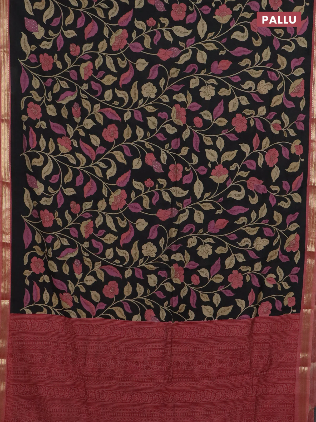 Muslin silk saree black and peach shade with allover prints and zari woven border - Image 3