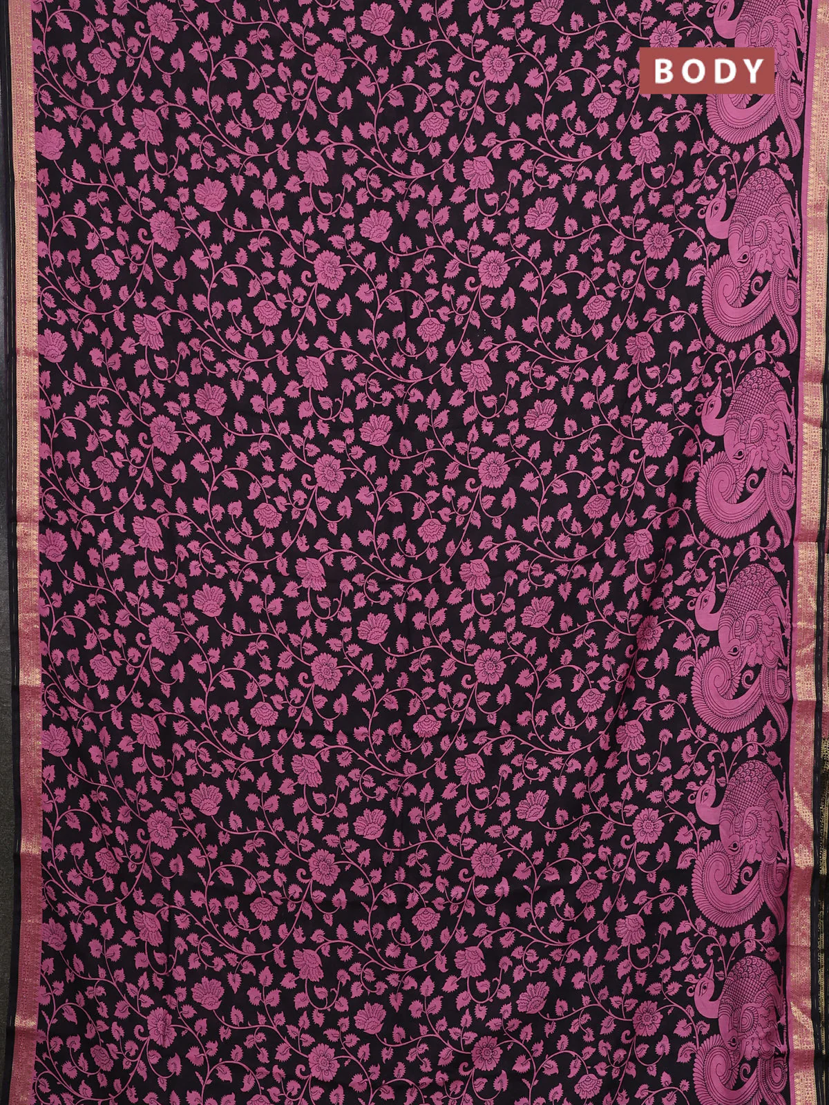 Muslin silk saree black and pink with allover kalamkari prints and zari woven border - Image 2