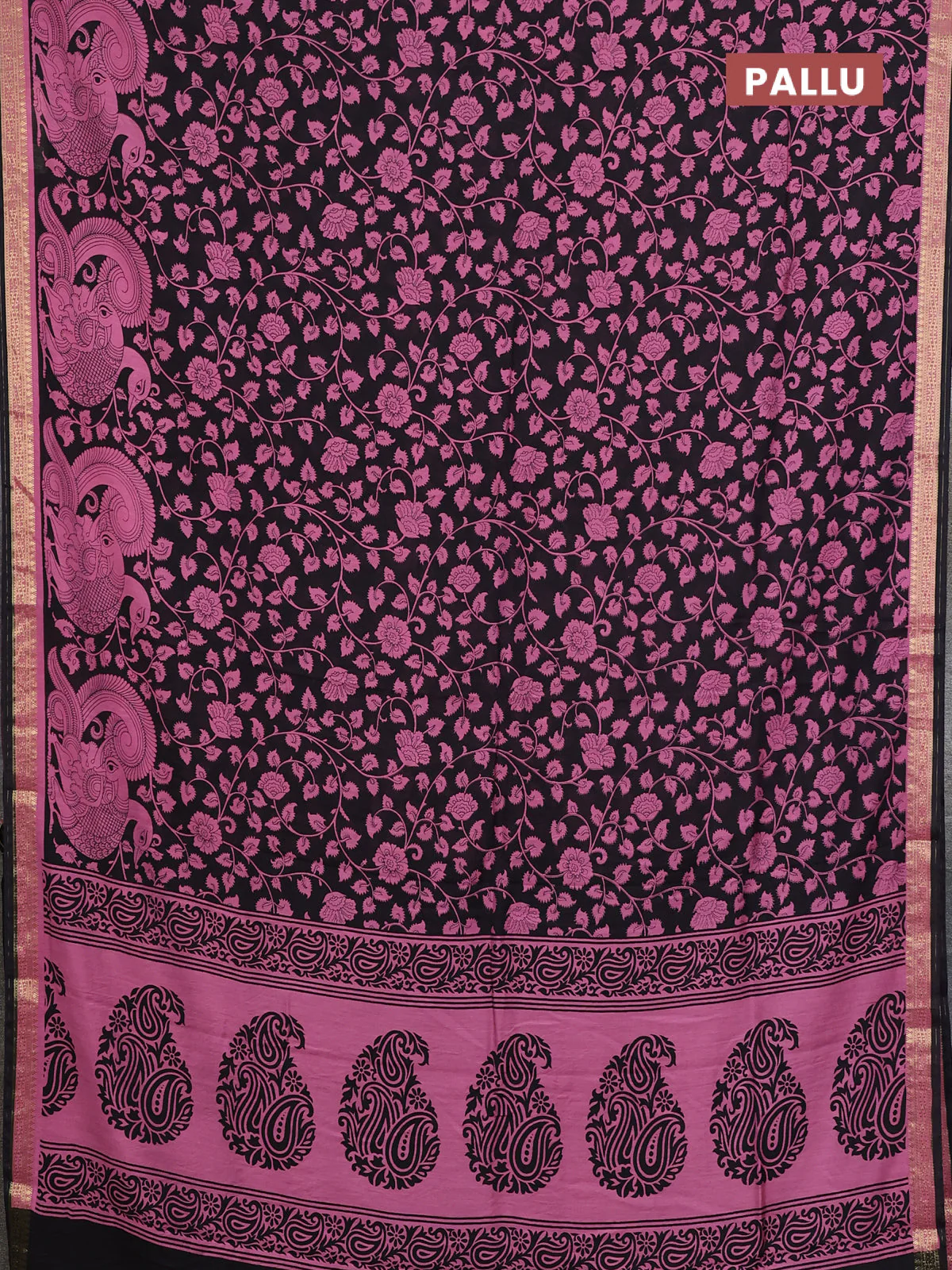 Muslin silk saree black and pink with allover kalamkari prints and zari woven border - Image 3