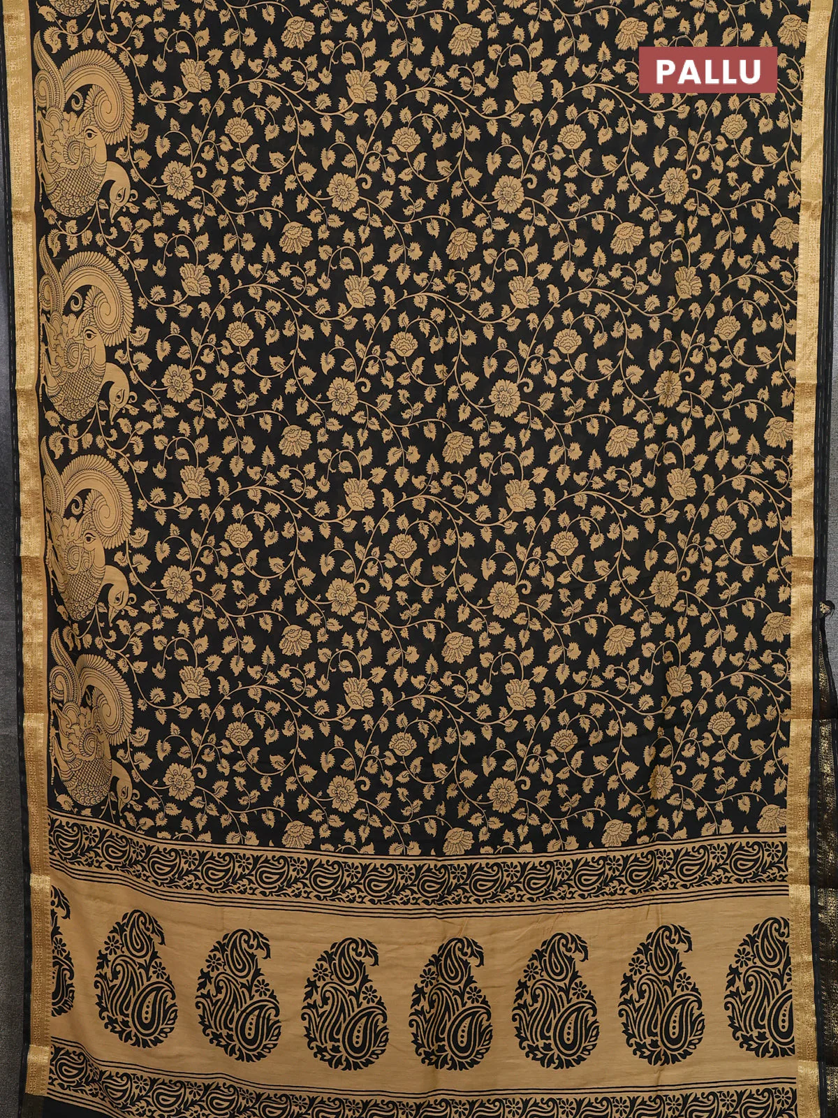 Muslin silk saree black and sandal with allover kalamkari prints and zari woven border - Image 3