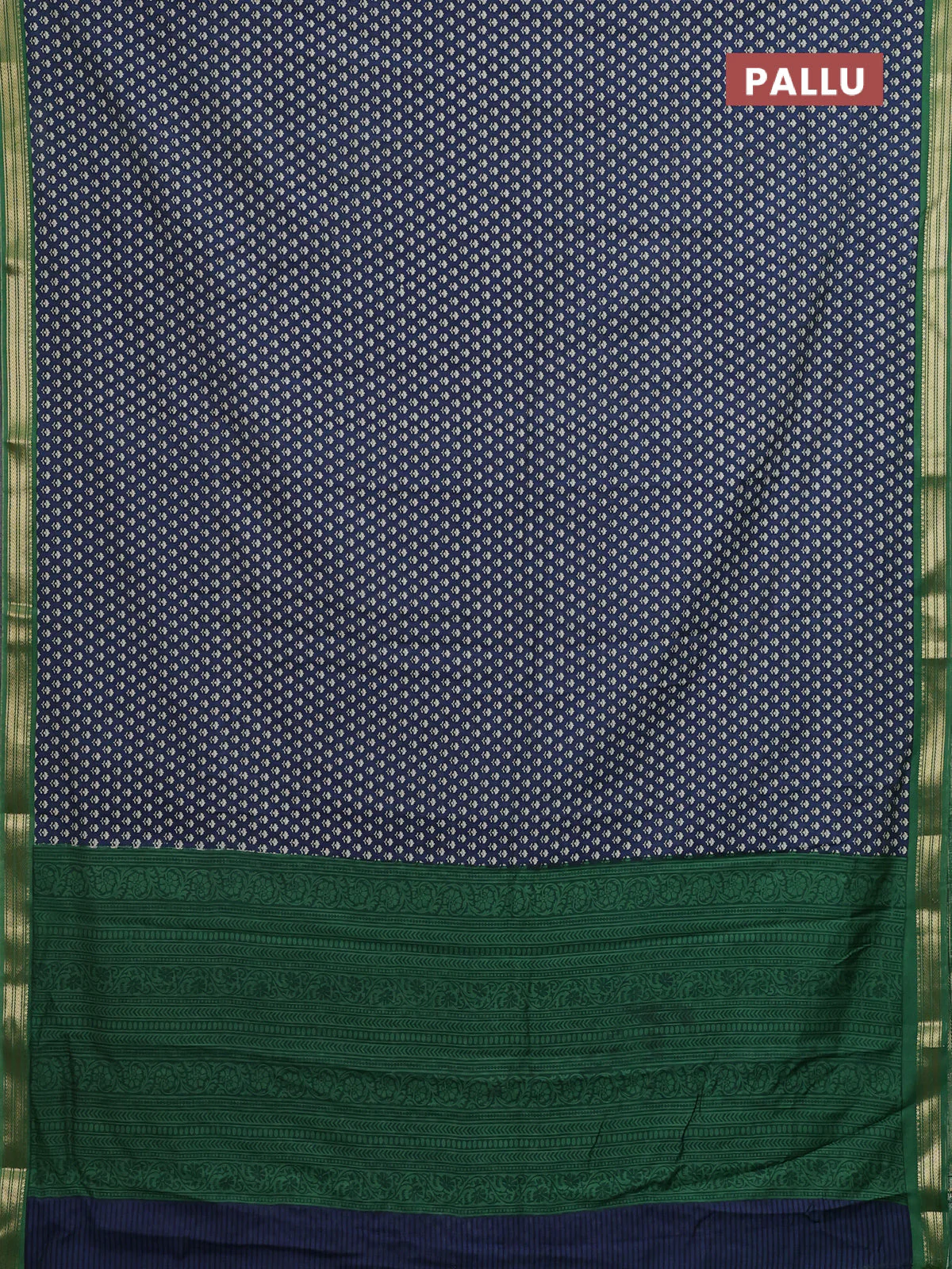 Muslin silk saree blue and green with allover butta prints and zari woven border - Image 3