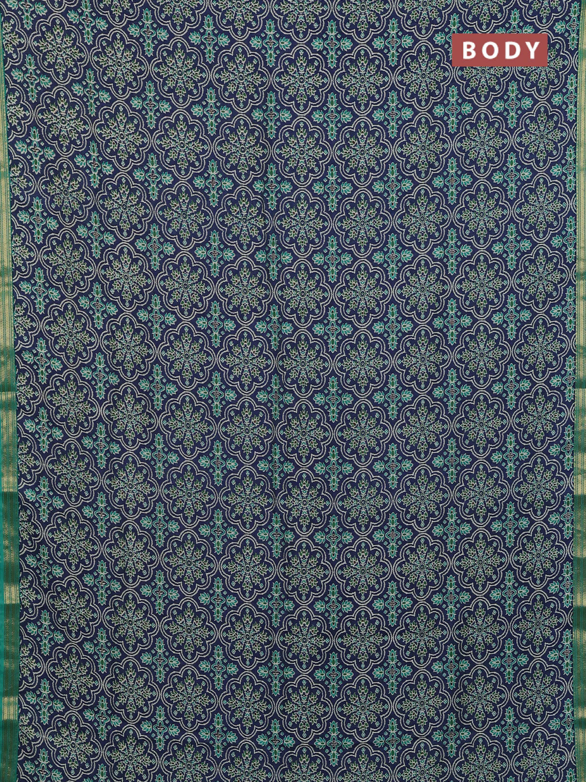 Muslin silk saree blue and teal green with allover prints and zari woven border - Image 2