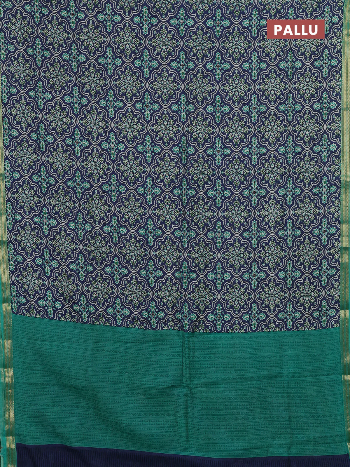 Muslin silk saree blue and teal green with allover prints and zari woven border - Image 3