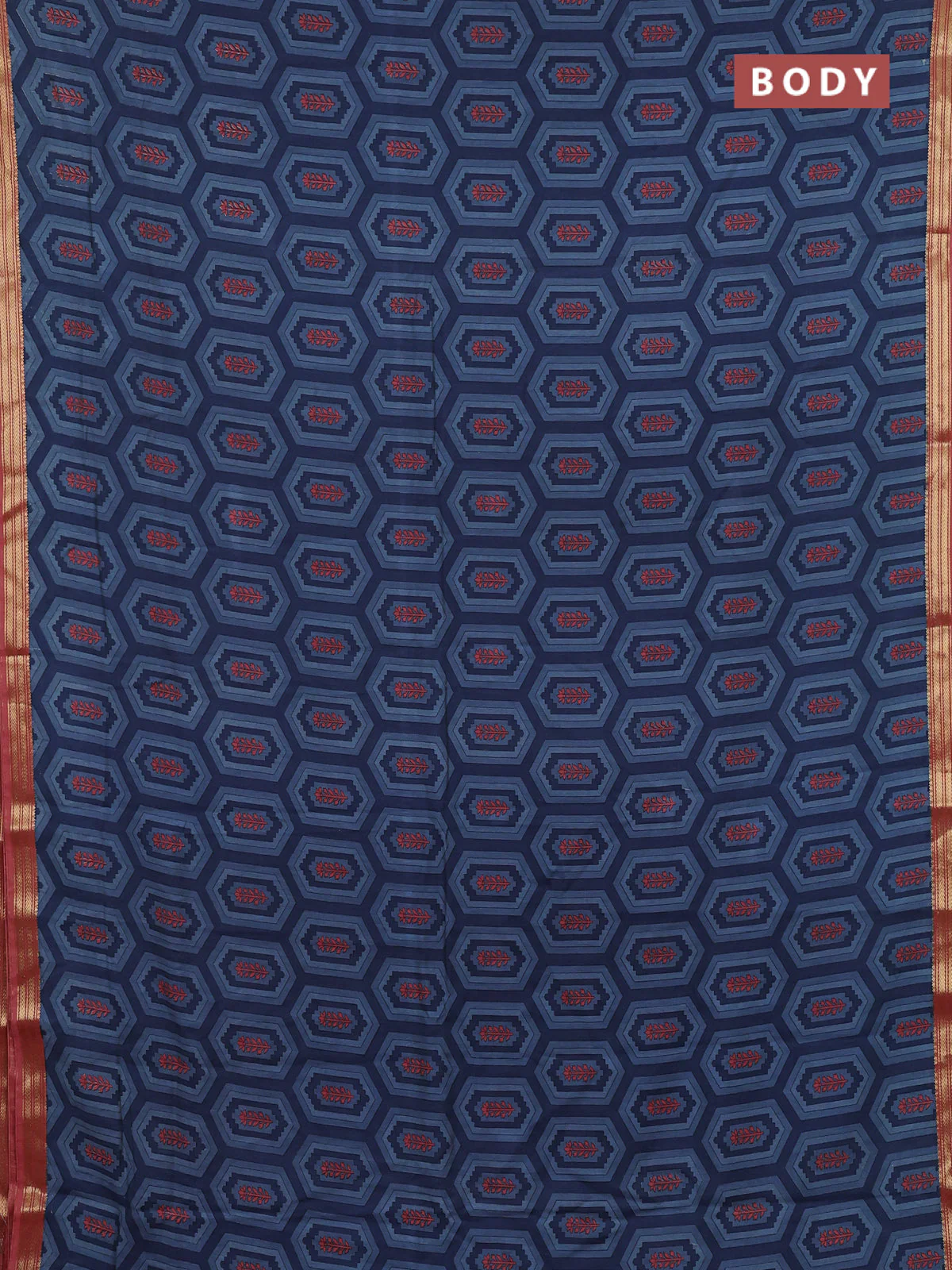 Muslin silk saree bluish grey and dark peach with allover geometric prints and zari woven border - Image 2