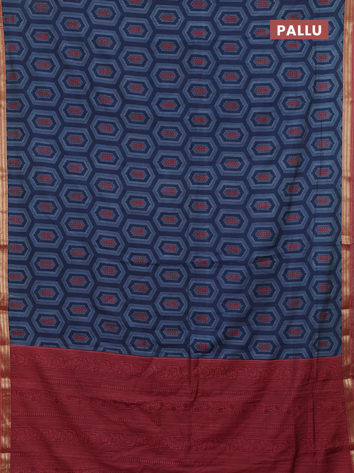 Muslin silk saree bluish grey and dark peach with allover geometric prints and zari woven border - Image 3