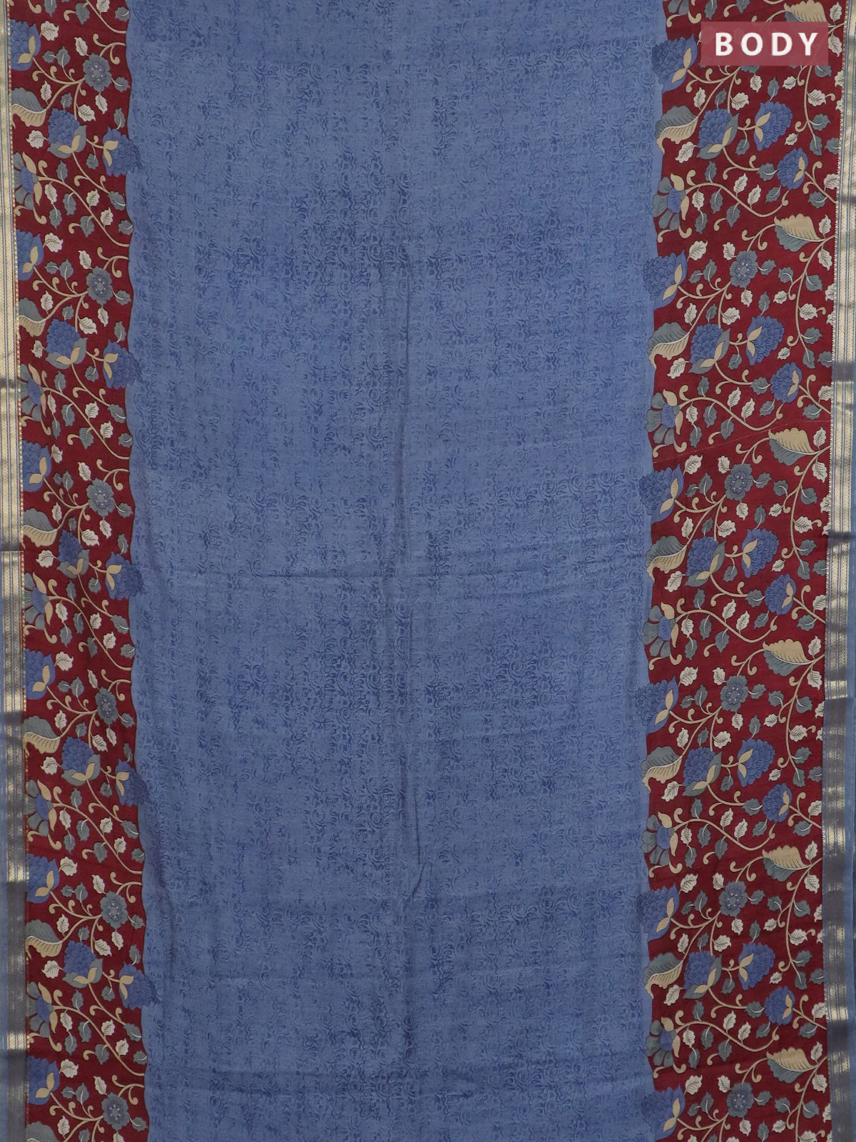 Muslin silk saree bluish grey and maroon with prints and long kalamkari printed zari border - Image 2