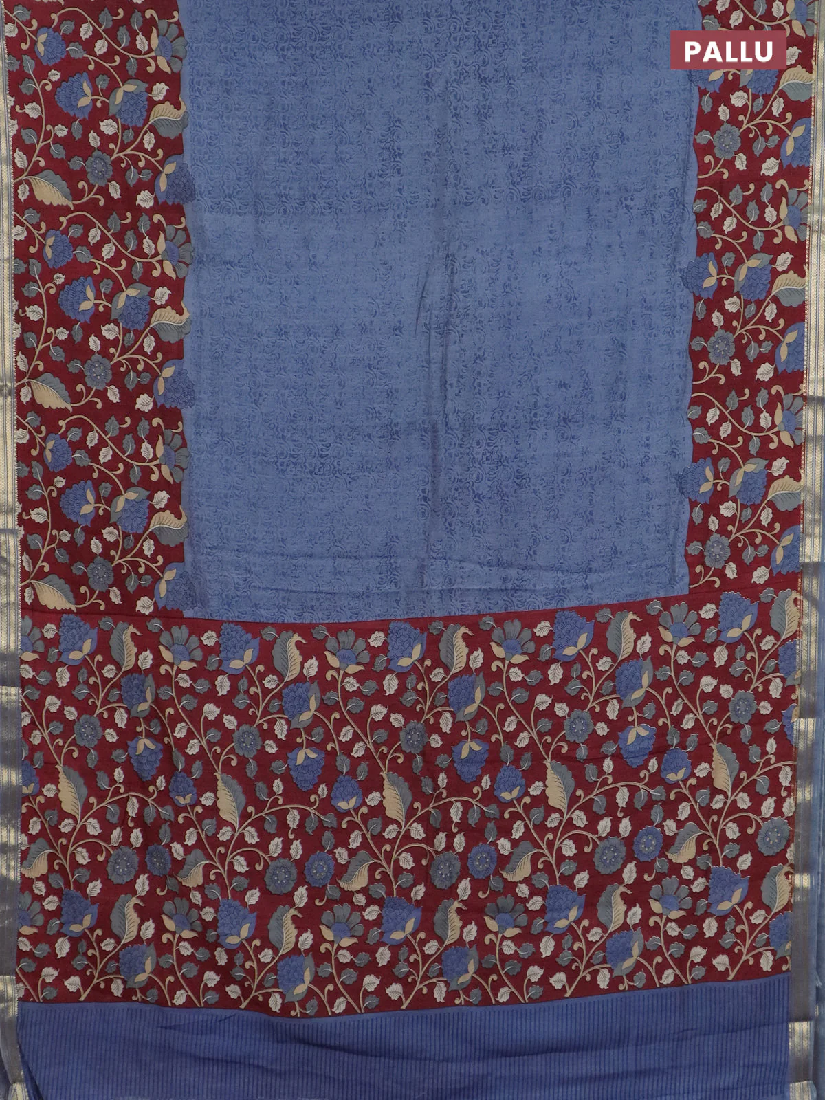 Muslin silk saree bluish grey and maroon with prints and long kalamkari printed zari border - Image 3