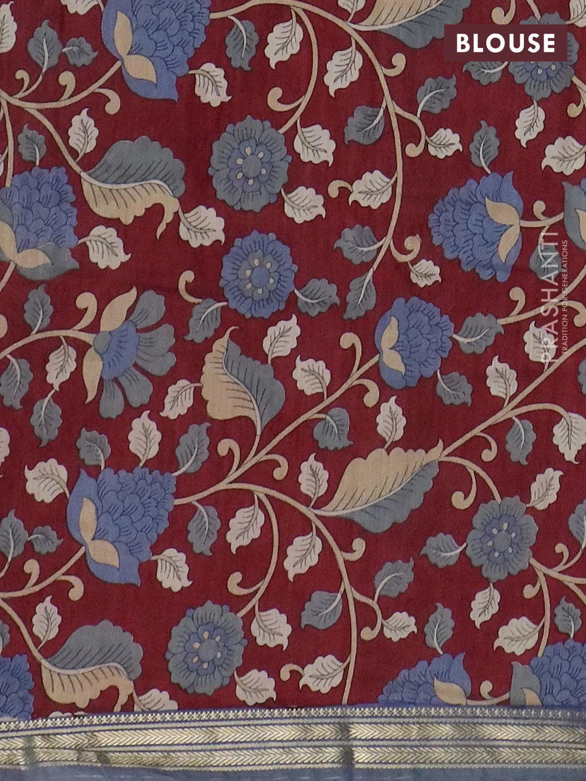 Muslin silk saree bluish grey and maroon with prints and long kalamkari printed zari border - Image 4