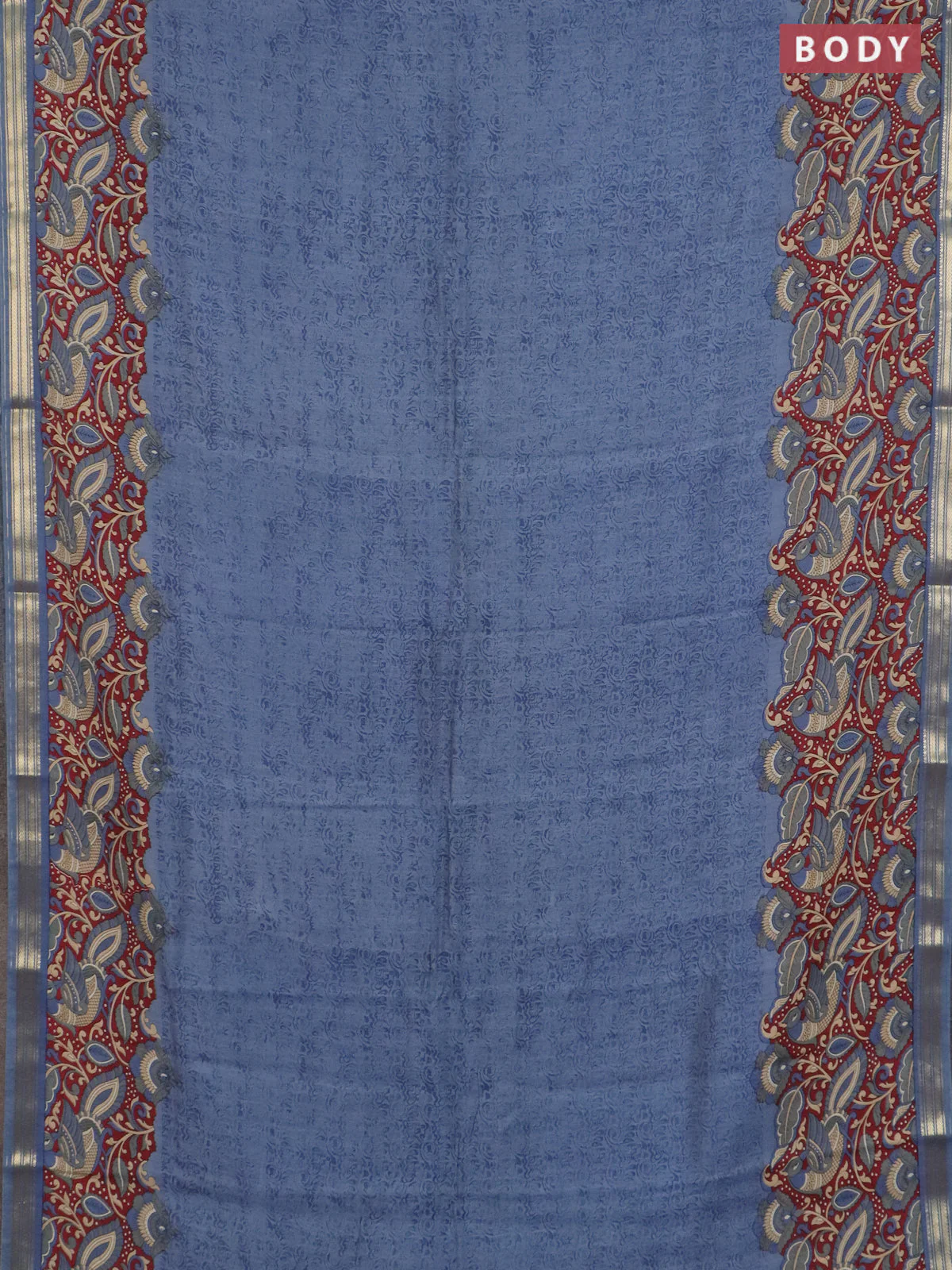 Muslin silk saree bluish grey and maroon with prints and long kalamkari printed zari border - Image 2