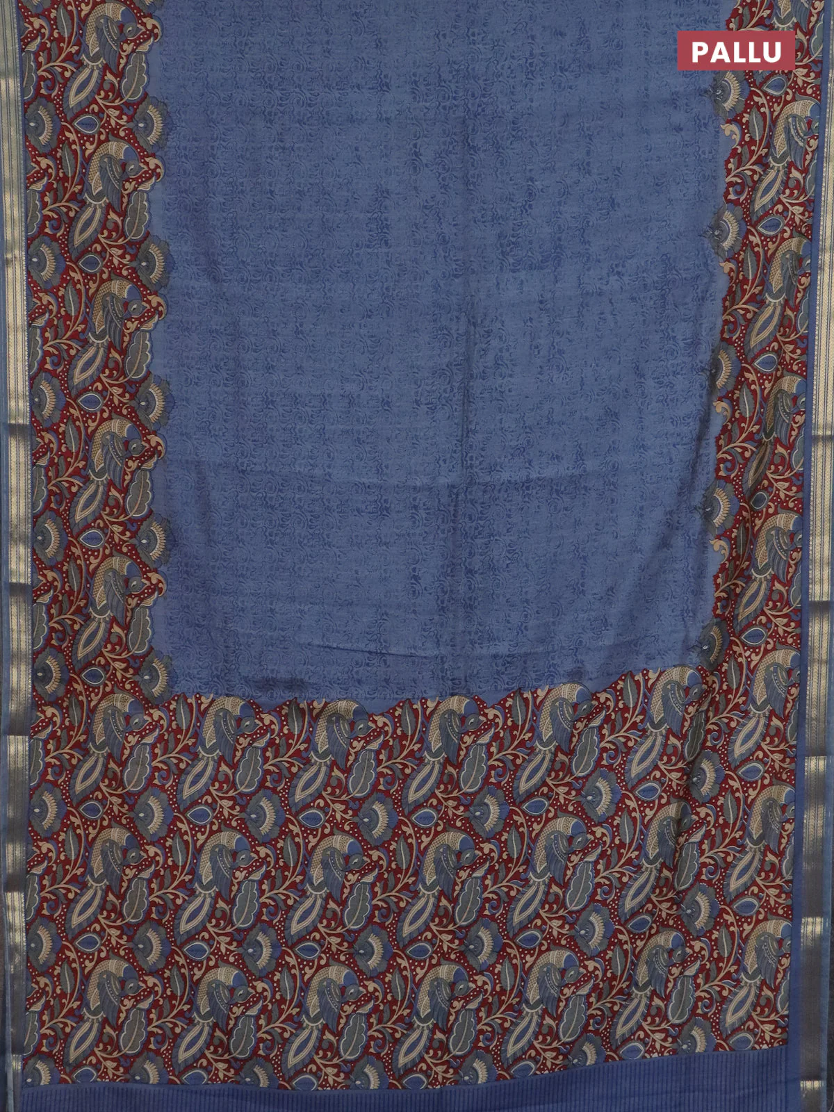 Muslin silk saree bluish grey and maroon with prints and long kalamkari printed zari border - Image 3